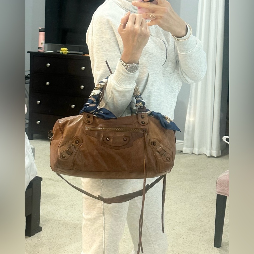 Authentic Balenciaga Tan Shoulder Bag with Scarf Detail